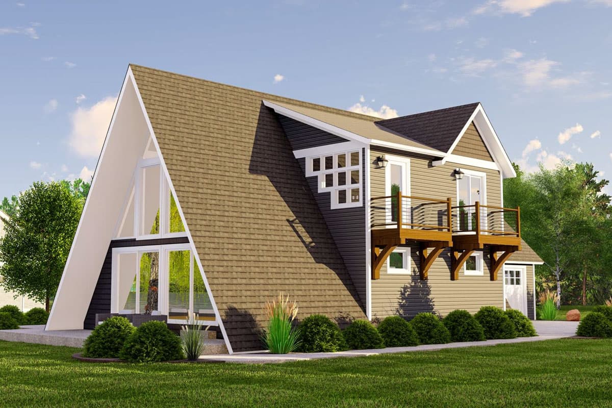 House plan exterior: A-frame house with large front windows, second-story balconies, and a detached garage.