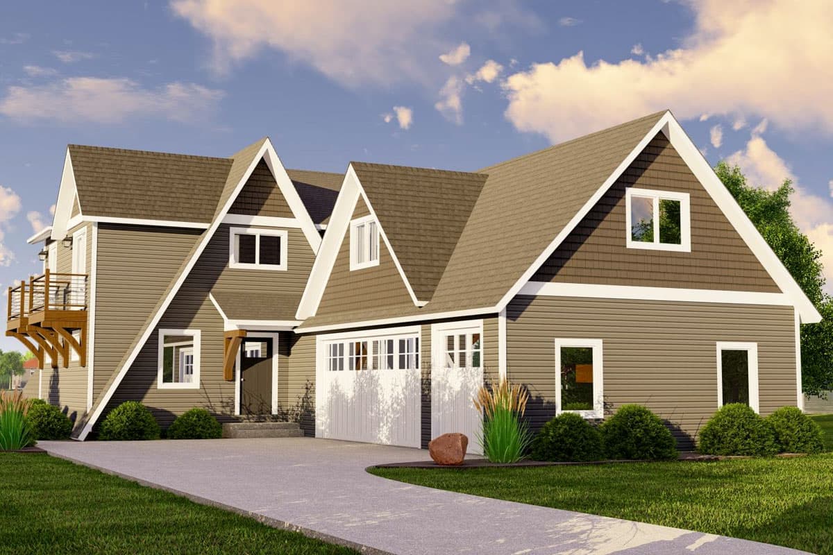 House plan exterior featuring a Modern Farmhouse style with multiple gables, a two-car garage, and a balcony.