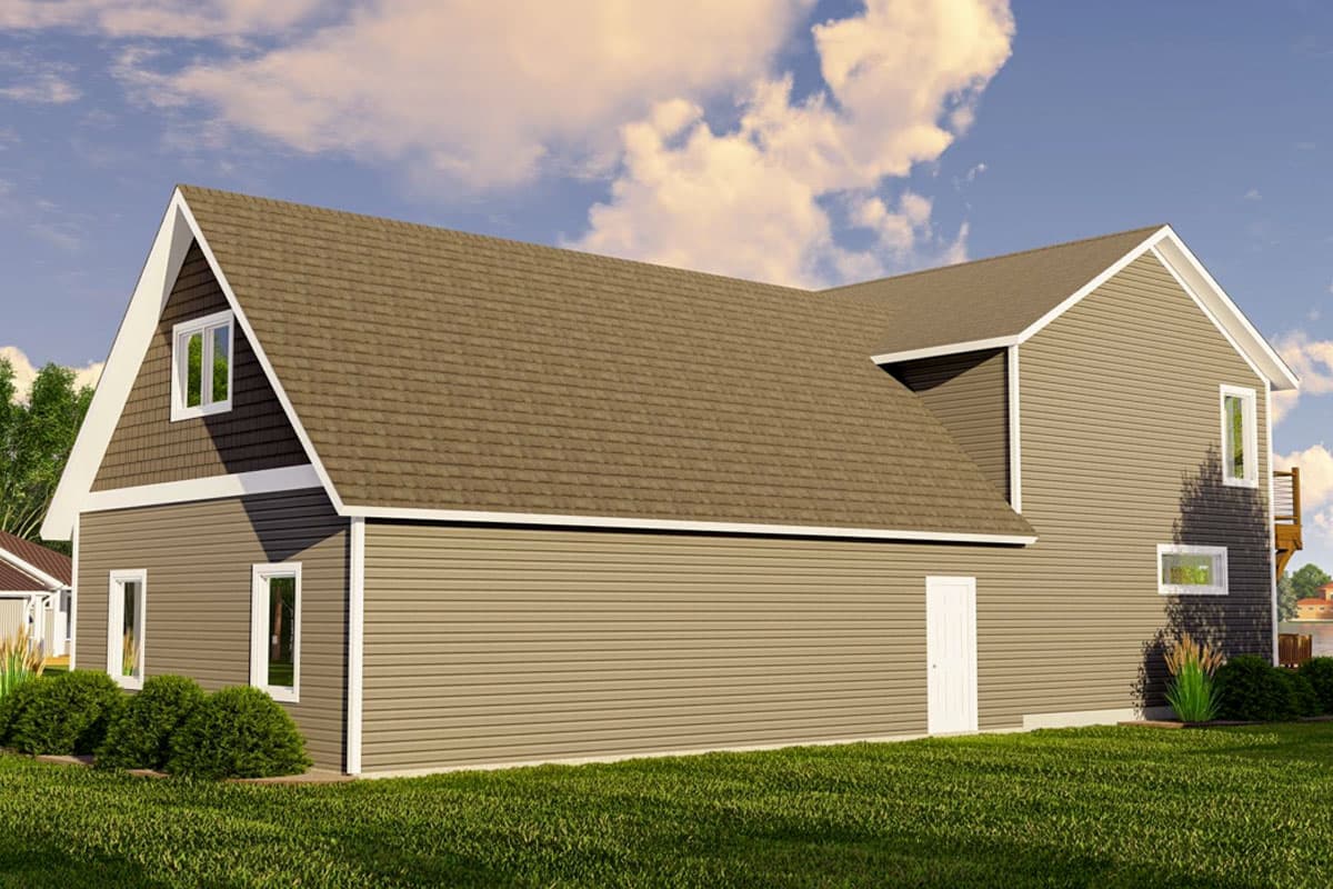 House plan exterior rendering of a two-story home with gables, dormers, and vinyl siding.