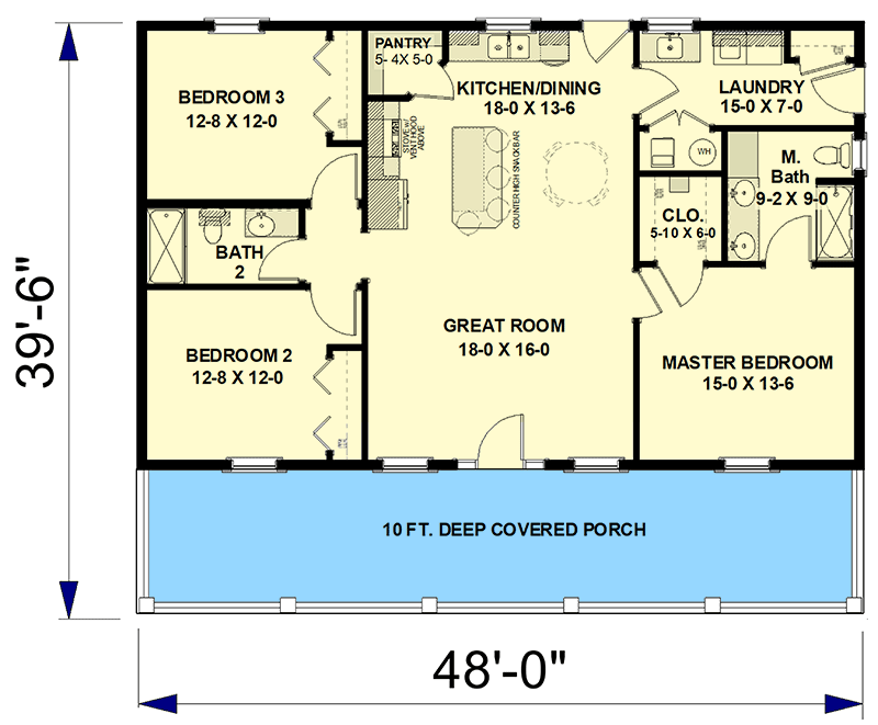 Plan 25043DH: Single-Story Country Farmhouse with 3 Beds - 1416 Sq Ft - Floor Plan - Main Level - Country, Farmhouse, Ranch, Traditional