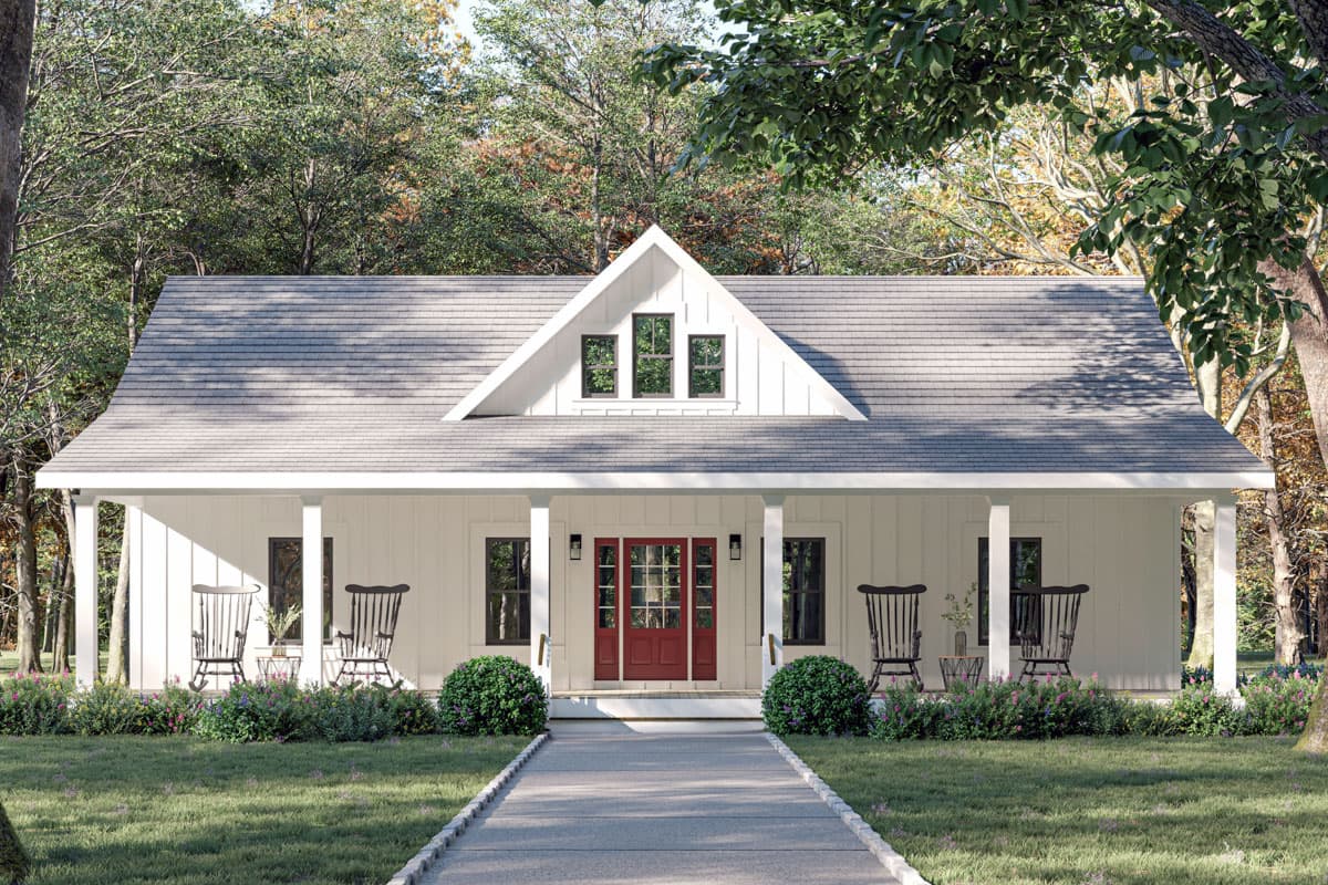 House plan exterior: Modern Farmhouse style, one story, full-width porch, prominent gable with three windows.