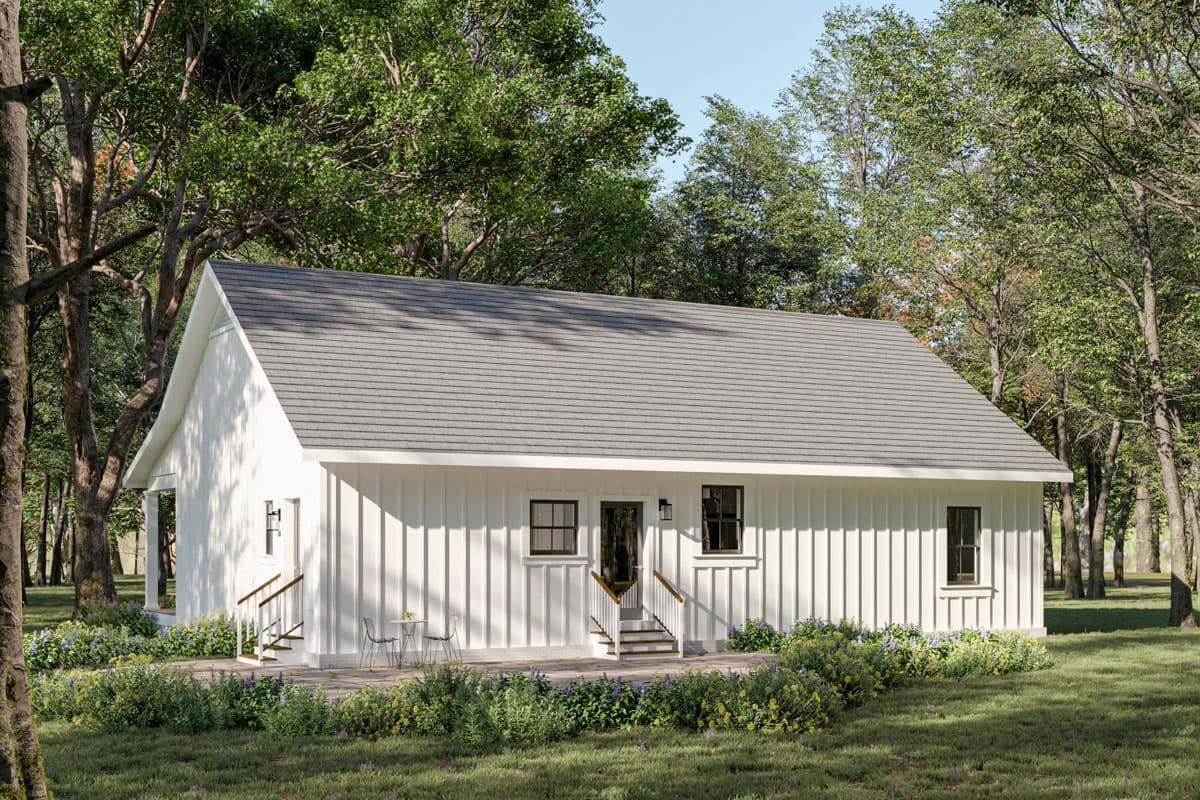 House plan exterior: Modern Farmhouse style, one story, white board and batten siding, gable roof, and a front porch.