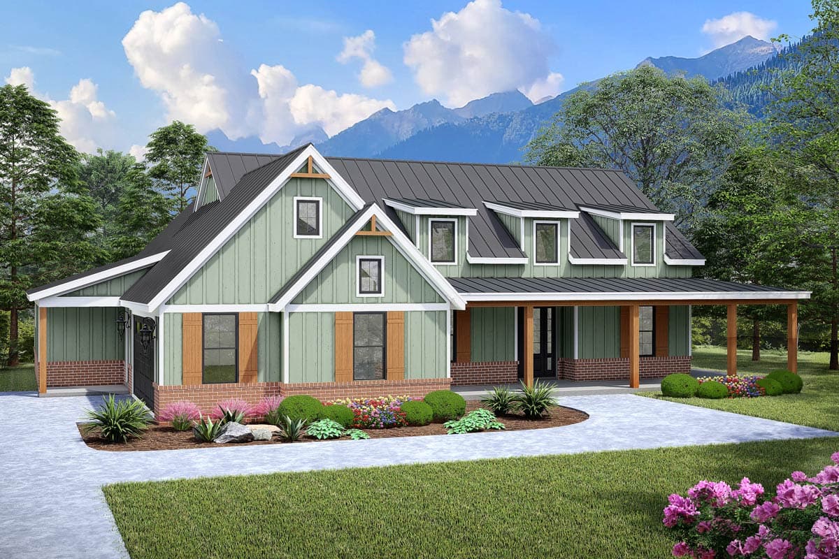 House plan exterior featuring a Modern Farmhouse style with a gabled roof, dormers, and a covered porch. Exterior includes shutters and brick accents.