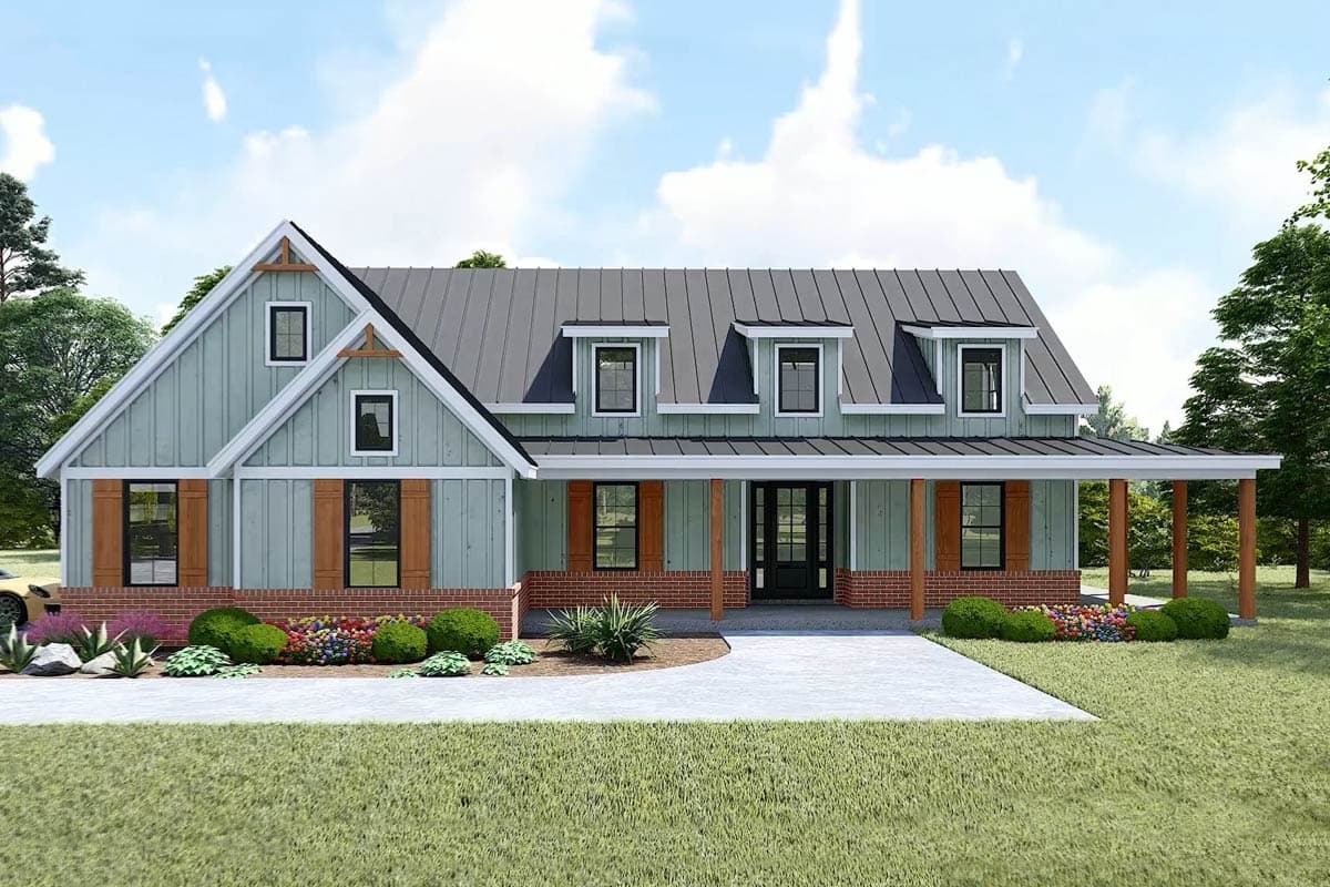 House plan exterior: Modern Farmhouse style, 1.5 stories, with metal roof, gables, dormers, and wraparound porch.