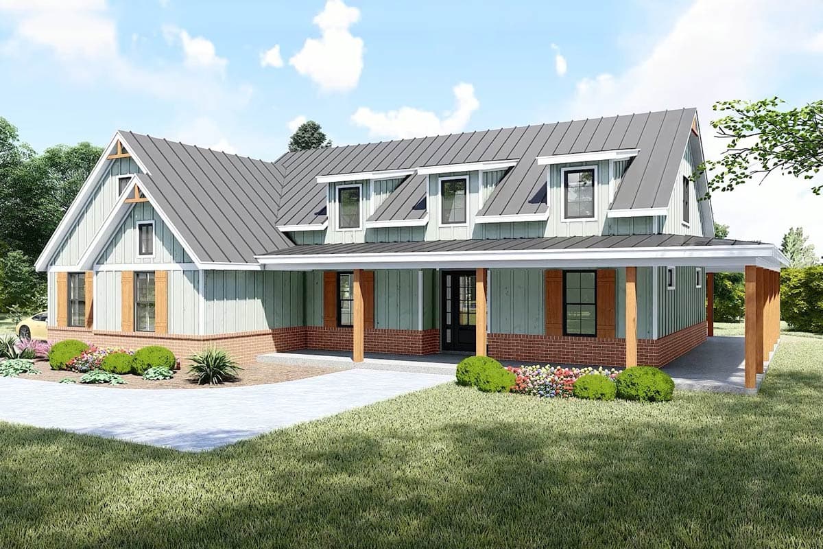 House plan exterior: Two-story Modern Farmhouse with metal roof, dormers, gabled entry, and wraparound porch supported by wood posts.