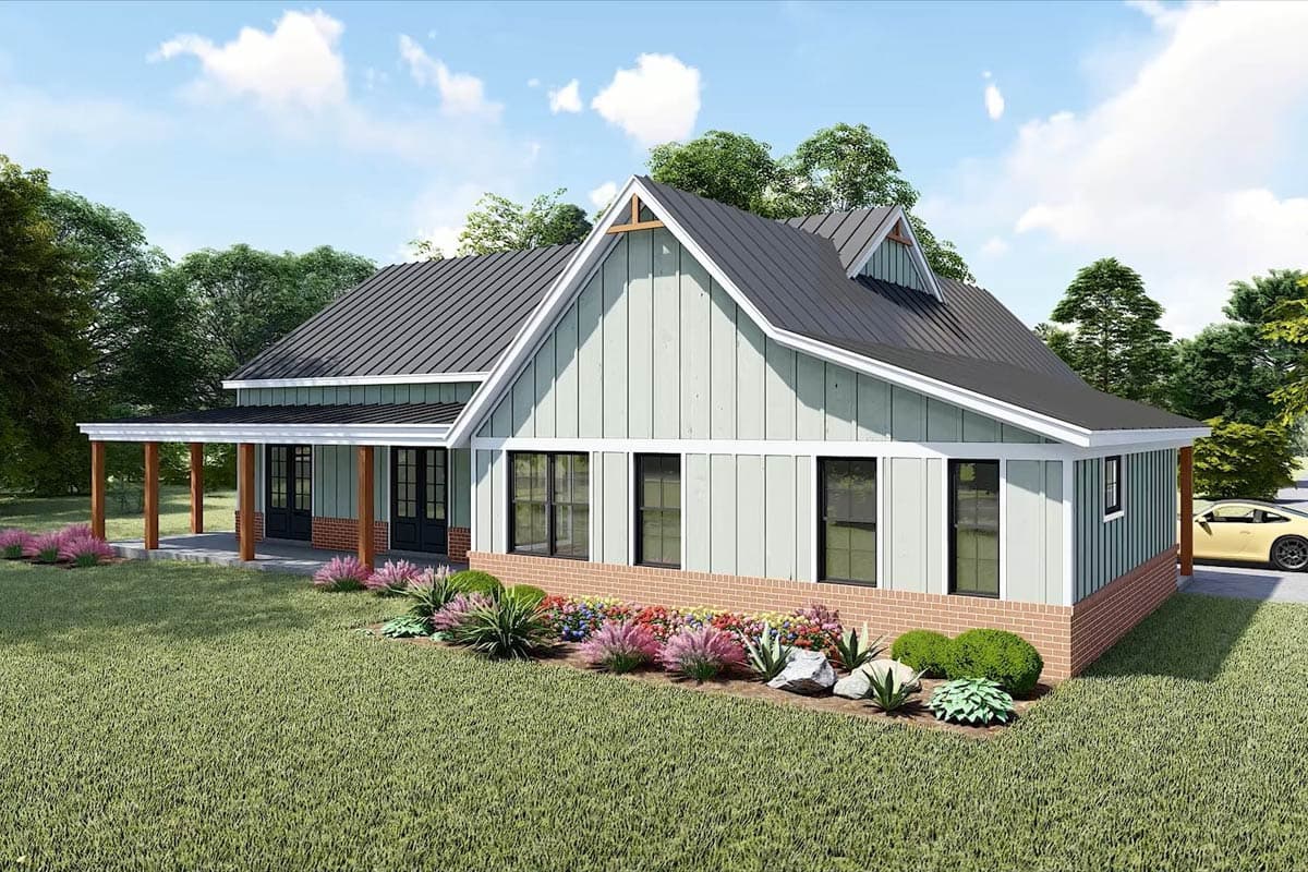House plan exterior: Modern Farmhouse style, one story, with a covered front porch, metal roof, and board and batten siding.