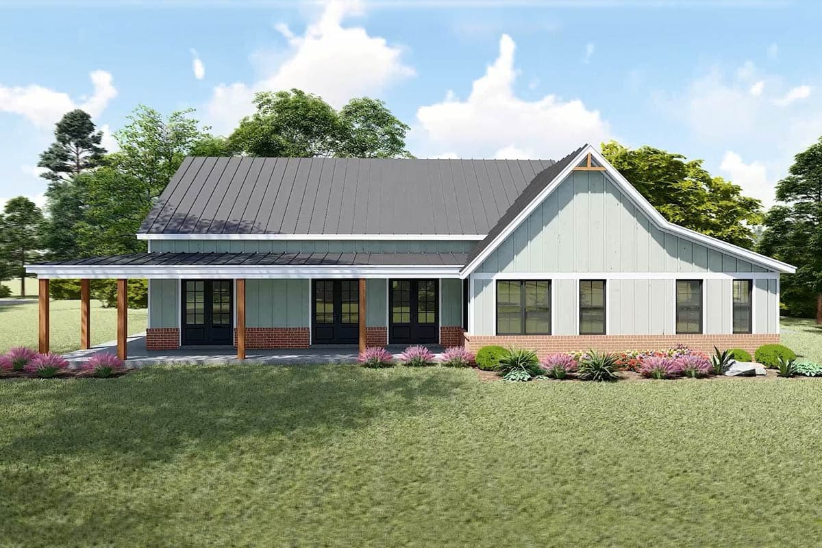 House plan exterior: Ranch style, single story, metal roof, covered porch with wood posts, double doors, gable.