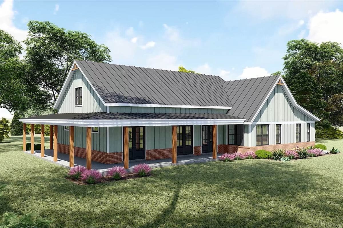 House plan exterior: Modern Farmhouse style, one story, with metal roof, extended front porch, and dual gable dormer.