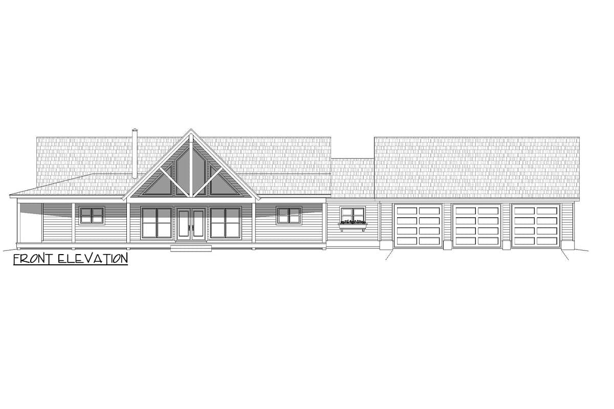 Front elevation drawing of house plan with wraparound porch, prominent gable, and attached three-car garage.