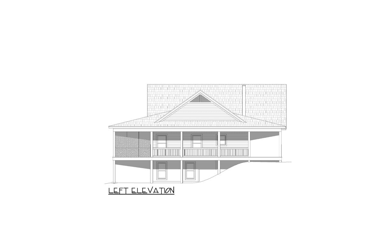 Left elevation drawing of a two-story house plan with a screened porch, gabled roof, and visible foundation.