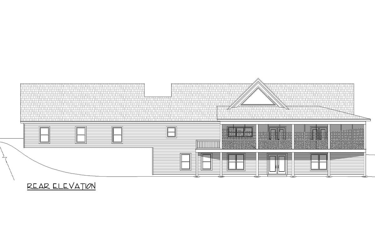 Rear elevation drawing of a house plan showing a multi-story structure with a covered upper balcony and pitched roof dormers.