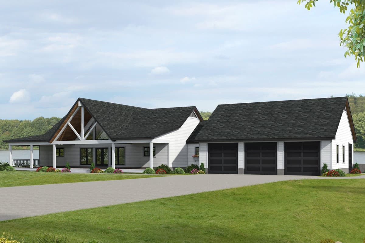 House plan exterior. Ranch style with a gabled roof and covered porch. Features a three-car garage. Windows with natural light in the living room.