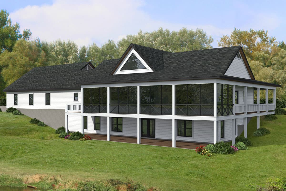 House plan exterior: Two-story modern farmhouse with wrap-around porch, screened porch, and prominent gable dormer.