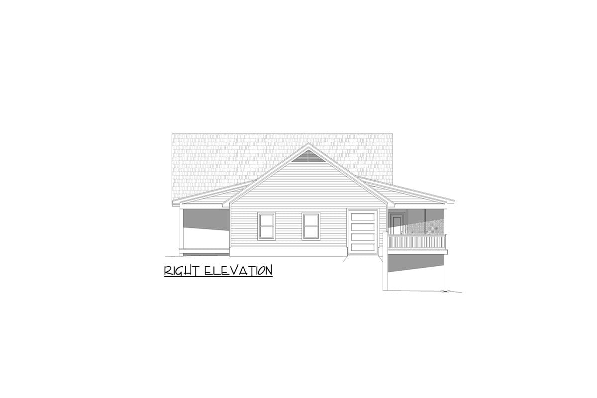 Right elevation house plan showing a one-story house with a gable roof, covered porch, and attached garage.