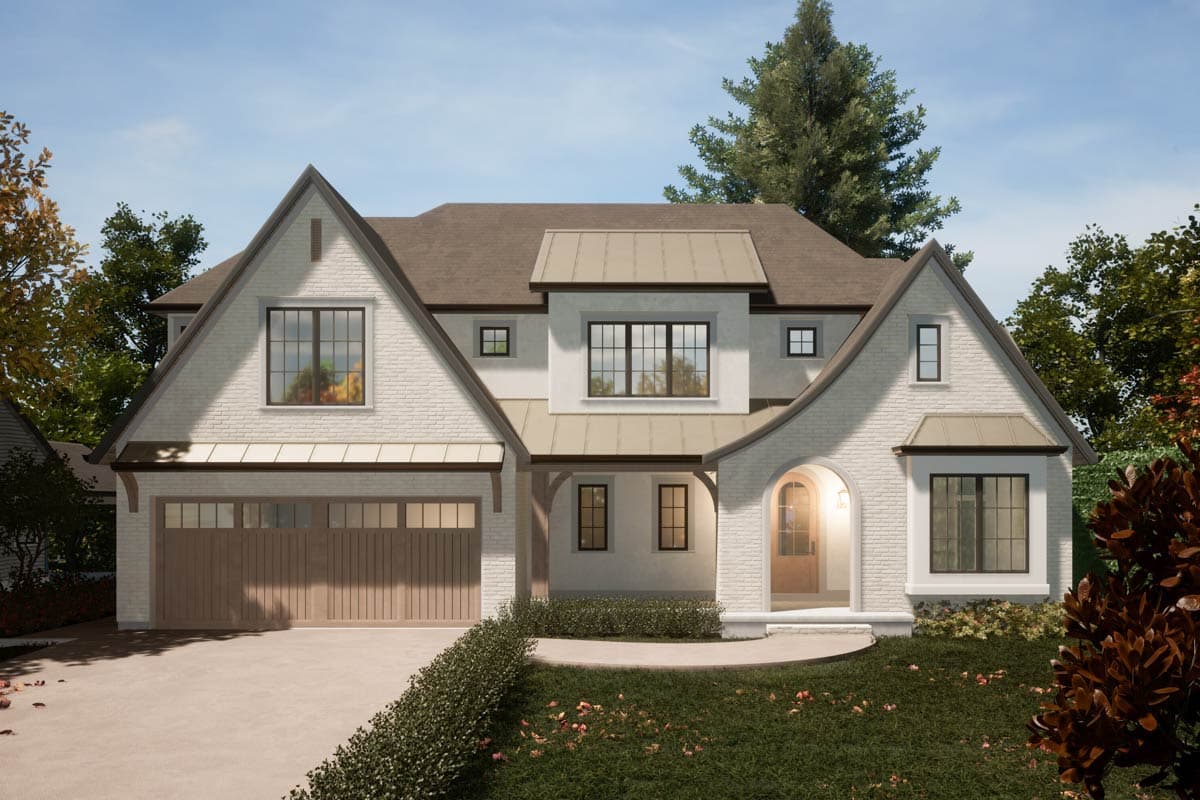 House plan exterior. Two-story home with a gabled roof, brick facade, arched entry, and garage. Features include dormers and a covered porch.