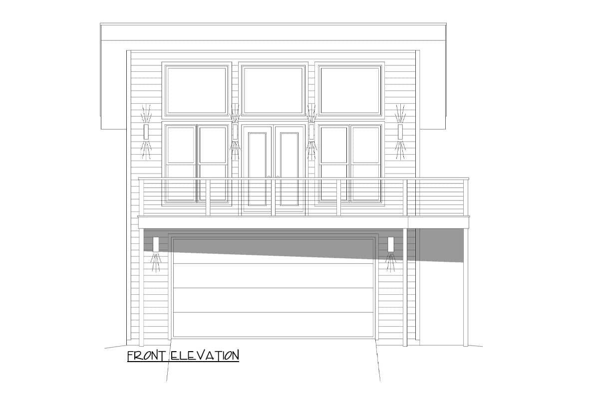 Front elevation drawing shows a two-story modern house plan with a large garage door, balcony, and stacked windows.