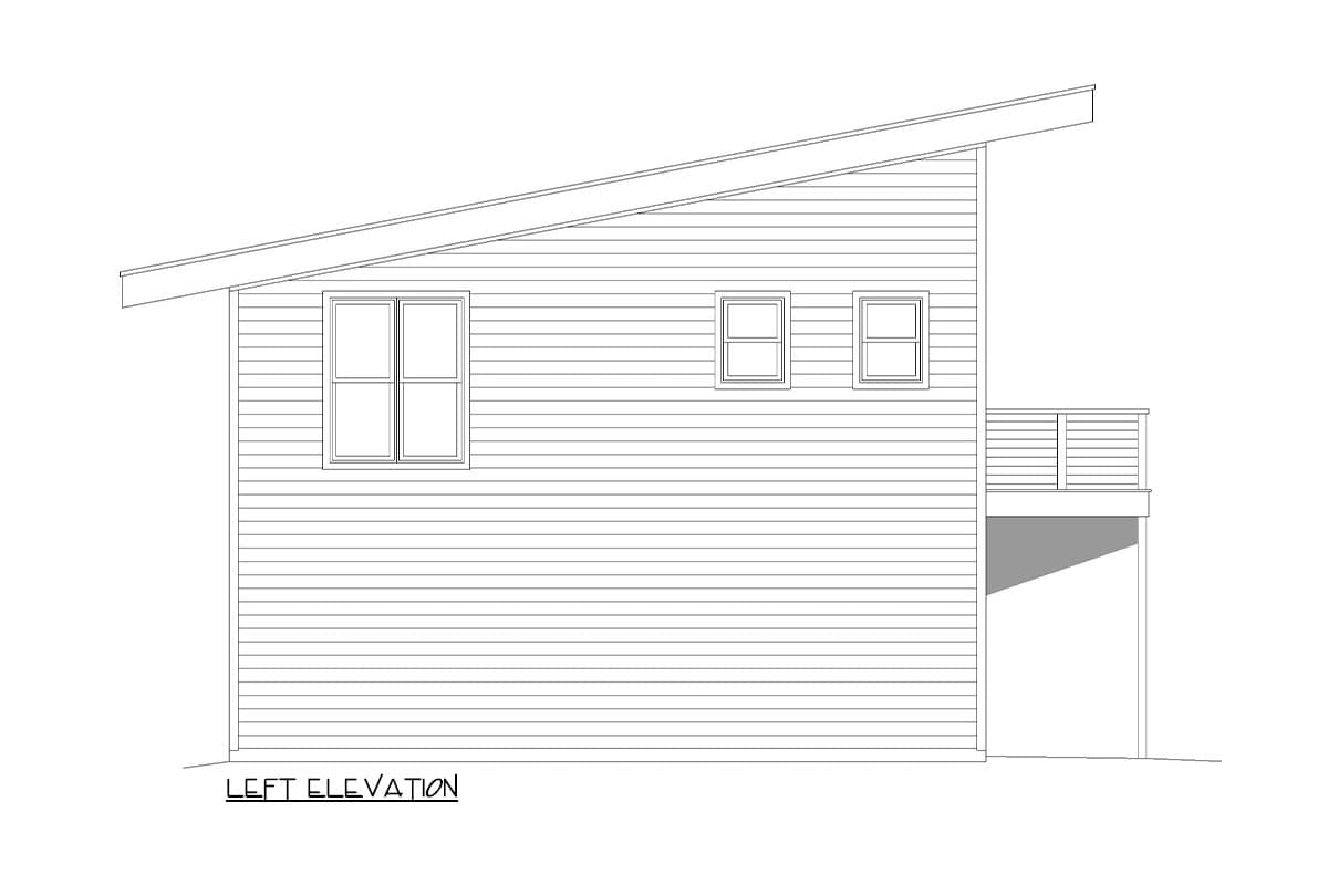 Left elevation of a house plan showing a single story with a shed roof, clapboard siding, and a deck.