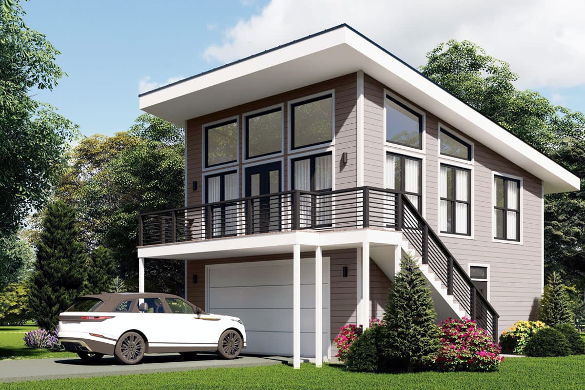 House plan exterior. Two-story Modern house with a flat roof, balcony, and attached garage. Includes large windows and a staircase.