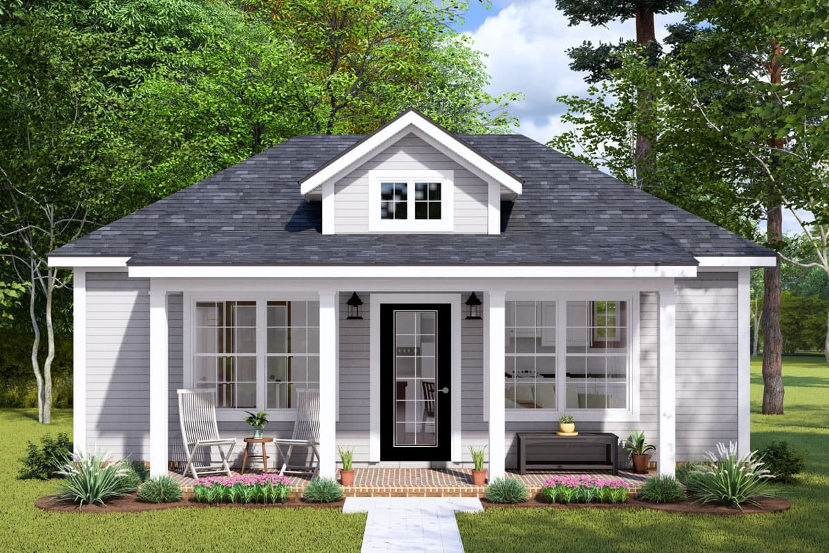 House plan exterior featuring a one-story Craftsman style home with a front porch, dormer, and gabled roof.