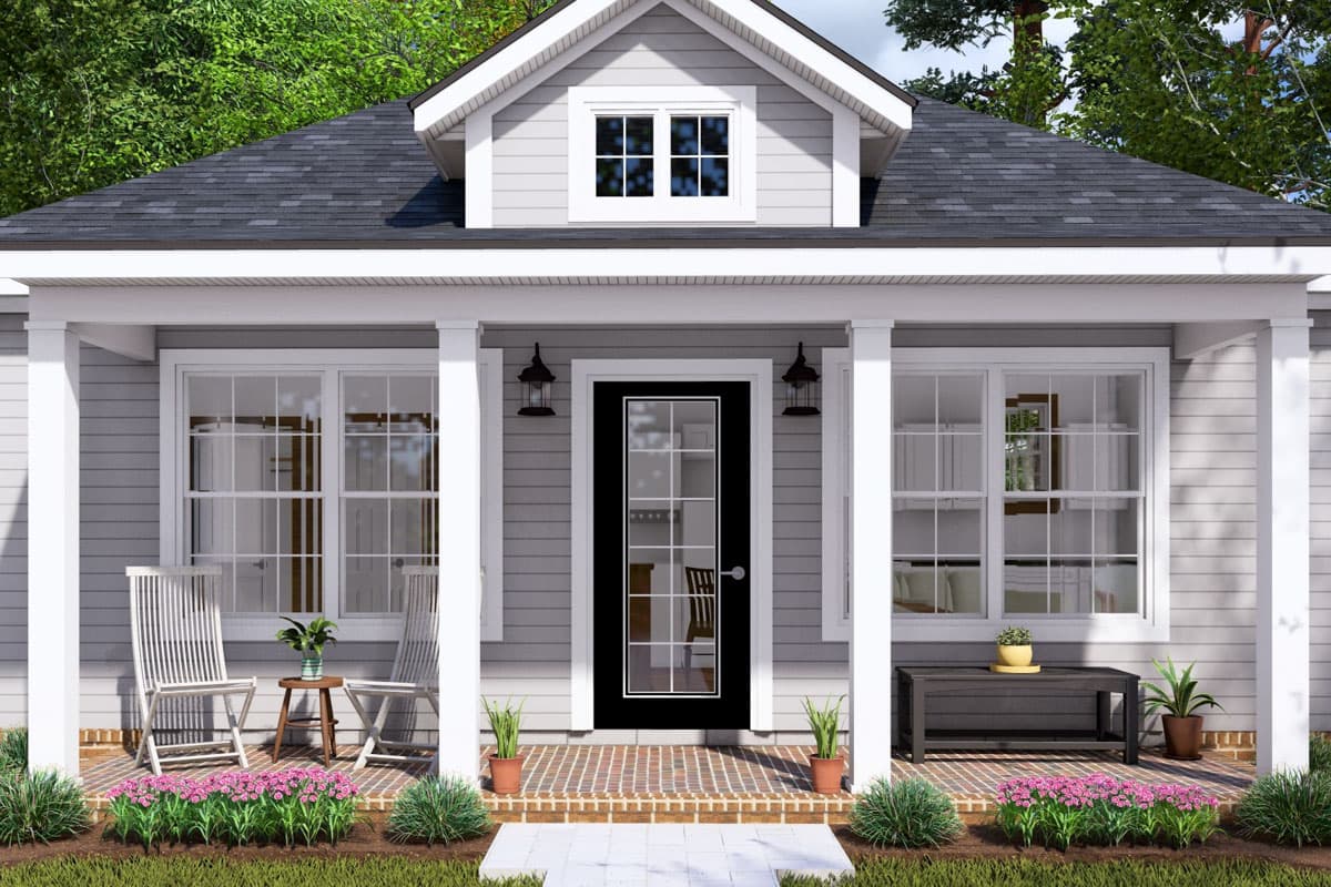 House plan exterior: Gable roof, front porch with white columns, double-hung windows, and a central front door.