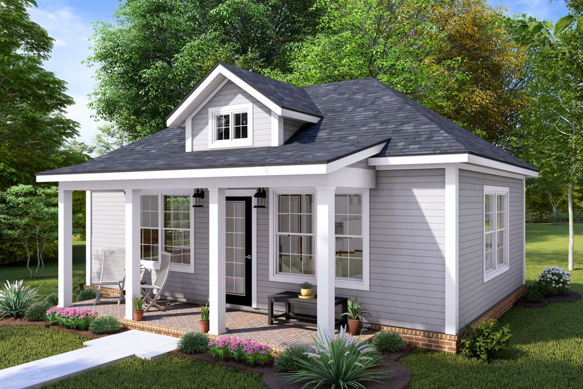 House plan exterior: Cottage style, one story, with front porch, gabled dormer, and vinyl siding.