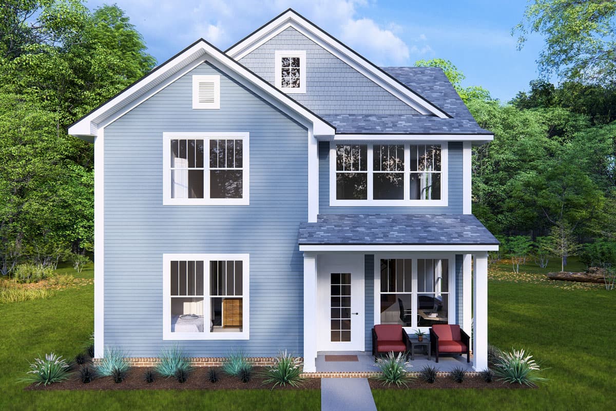 House plan exterior featuring a two-story Craftsman-style home with gabled roof, dormer, and front porch with pillars and seating area.
