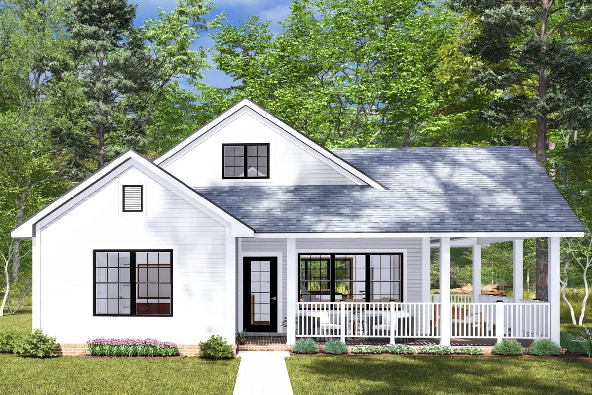 House plan exterior. Modern Farmhouse style with a single story, front porch with columns, gabled roof, and dormer window.