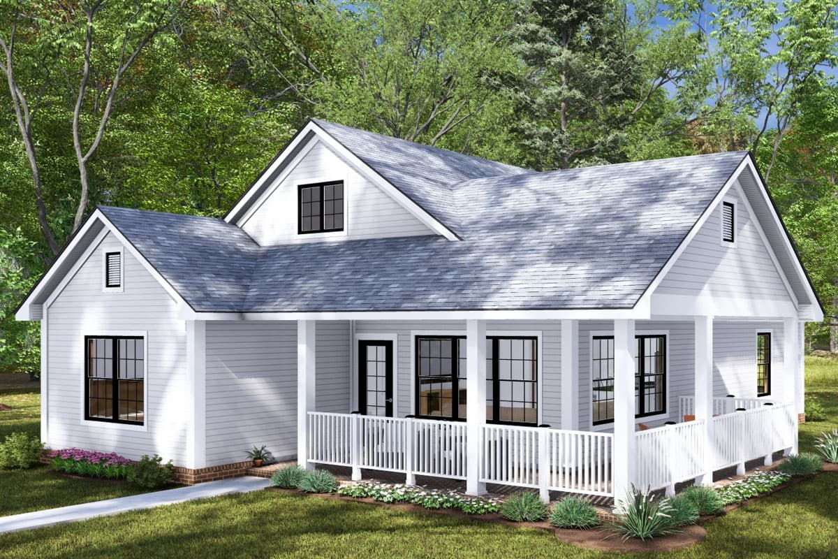 House plan exterior: Modern Farmhouse style, one story, with a wraparound porch, gables, and dormer window.