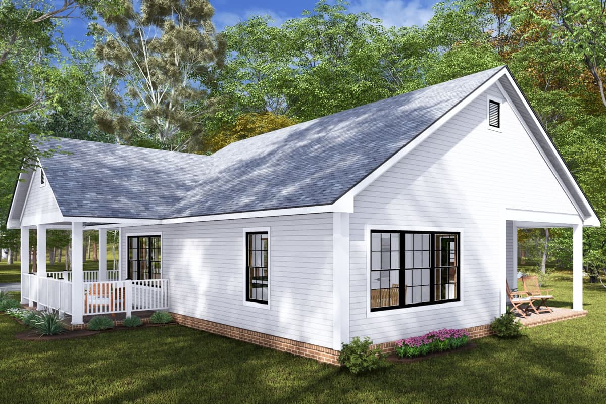 House plan exterior: one-story Modern Farmhouse with front porch, gables, and white siding.