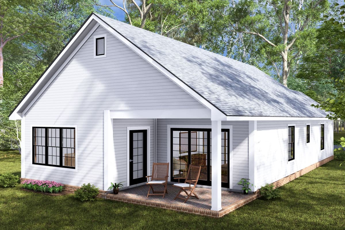 House plan exterior: Gable roof, single story, porch with columns, multiple windows, and glass doors.