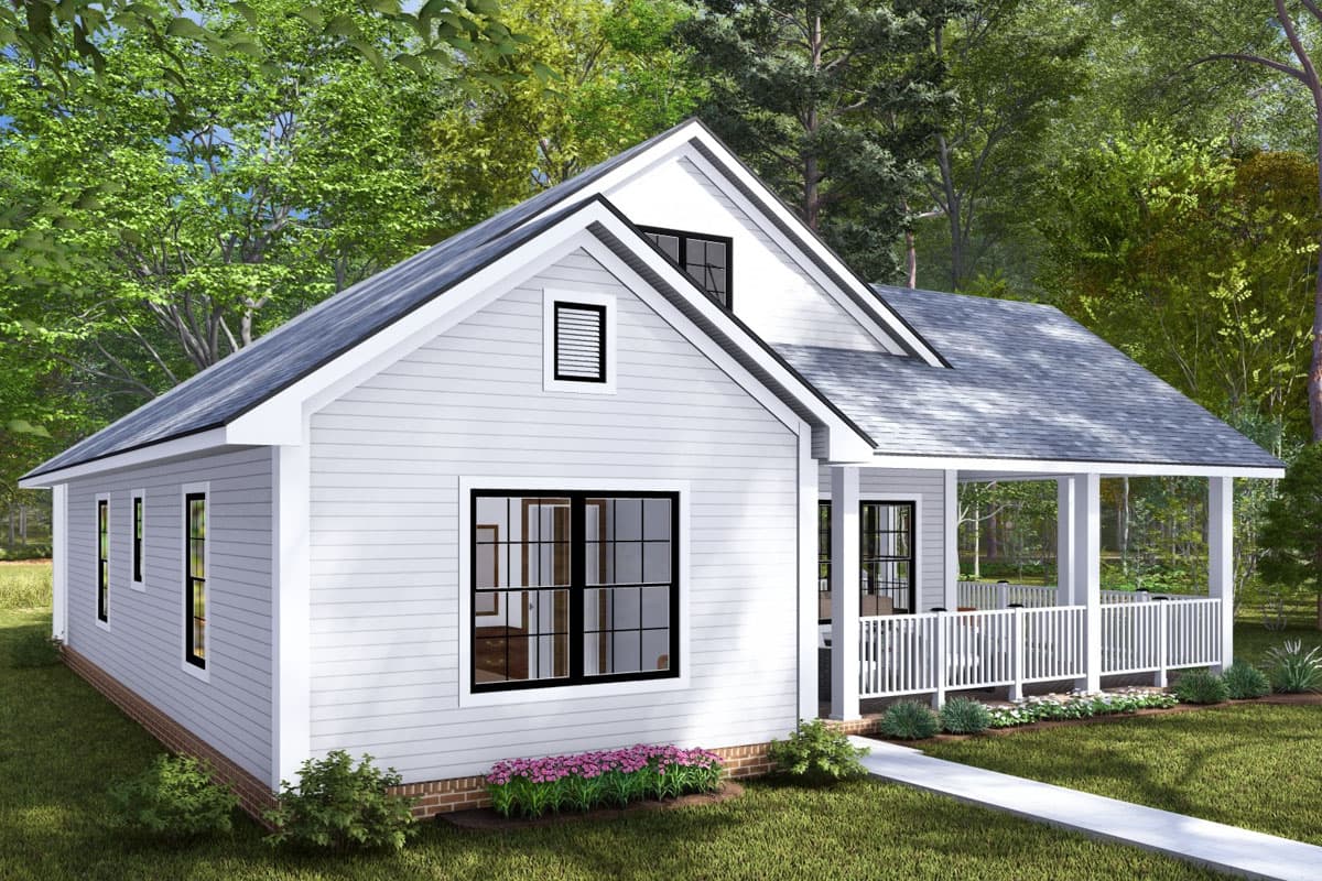 House plan exterior: One-story cottage-style home with a gabled dormer, horizontal siding, and a wraparound porch with white railings.