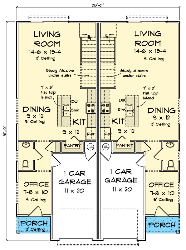 Plan 52367WM: Two-Story Traditional Duplex with Home Office and Loft - 1615 Sq Ft Per Unit - Floor Plan - Main Level - Traditional