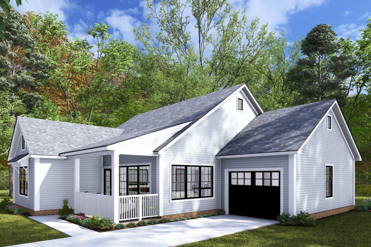 House plan exterior rendering of a one-story Modern Farmhouse with a covered porch, gabled dormers, and an attached two-car garage.