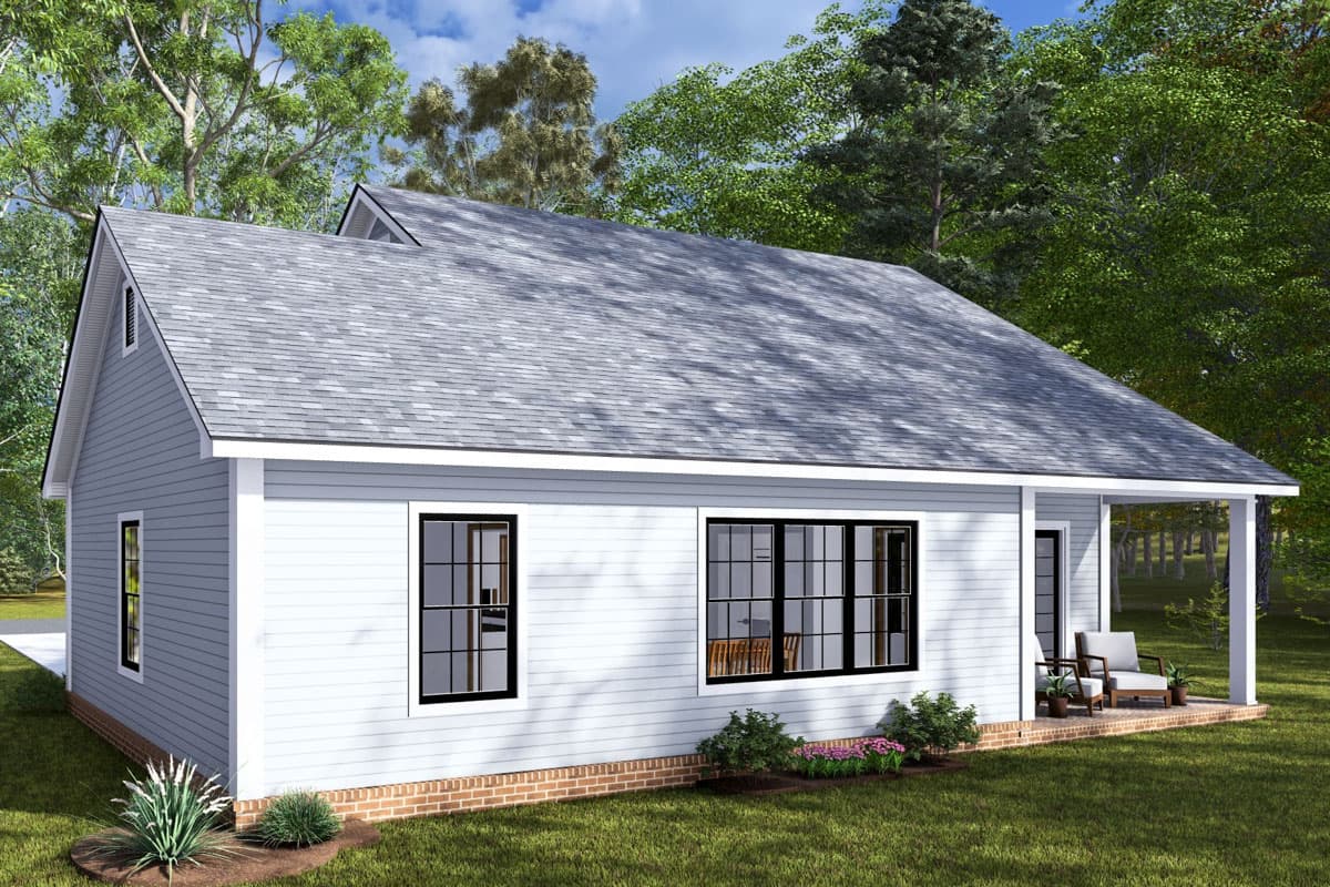 House plan exterior: One-story house with a gable roof, front-facing gable, and a covered porch with seating.