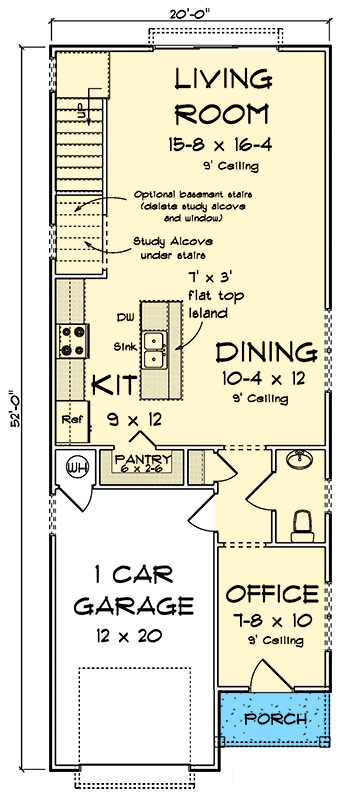 Plan 52369WM: 3-Bed Narrow Lot House Plan with Home Office - 1736 Sq Ft - Floor Plan - Main Level - Traditional