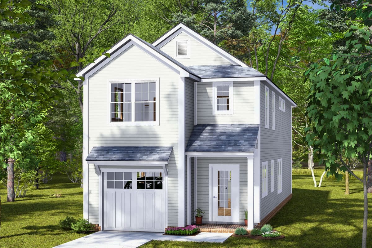 House plan exterior view of a two-story home with a gabled roof, dormer, and attached garage. Includes a covered front porch.