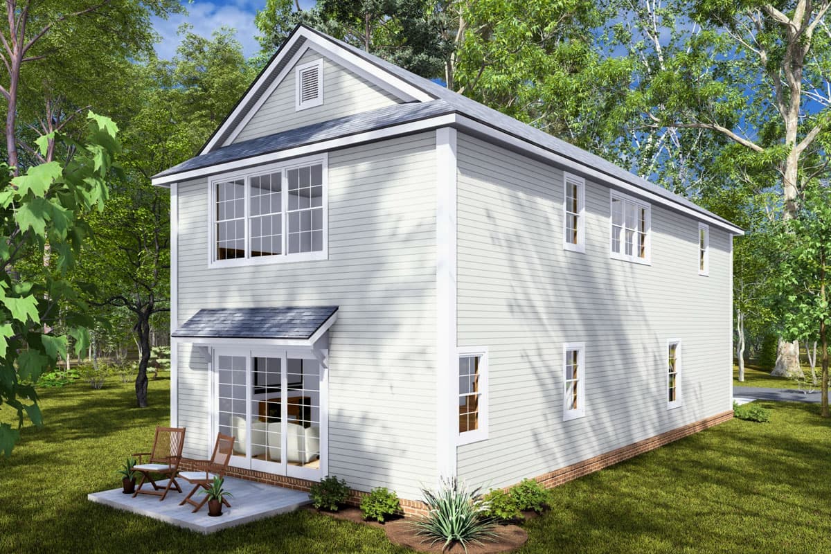 Two-story house plan exterior with gabled dormer, large grid windows, and covered French doors.