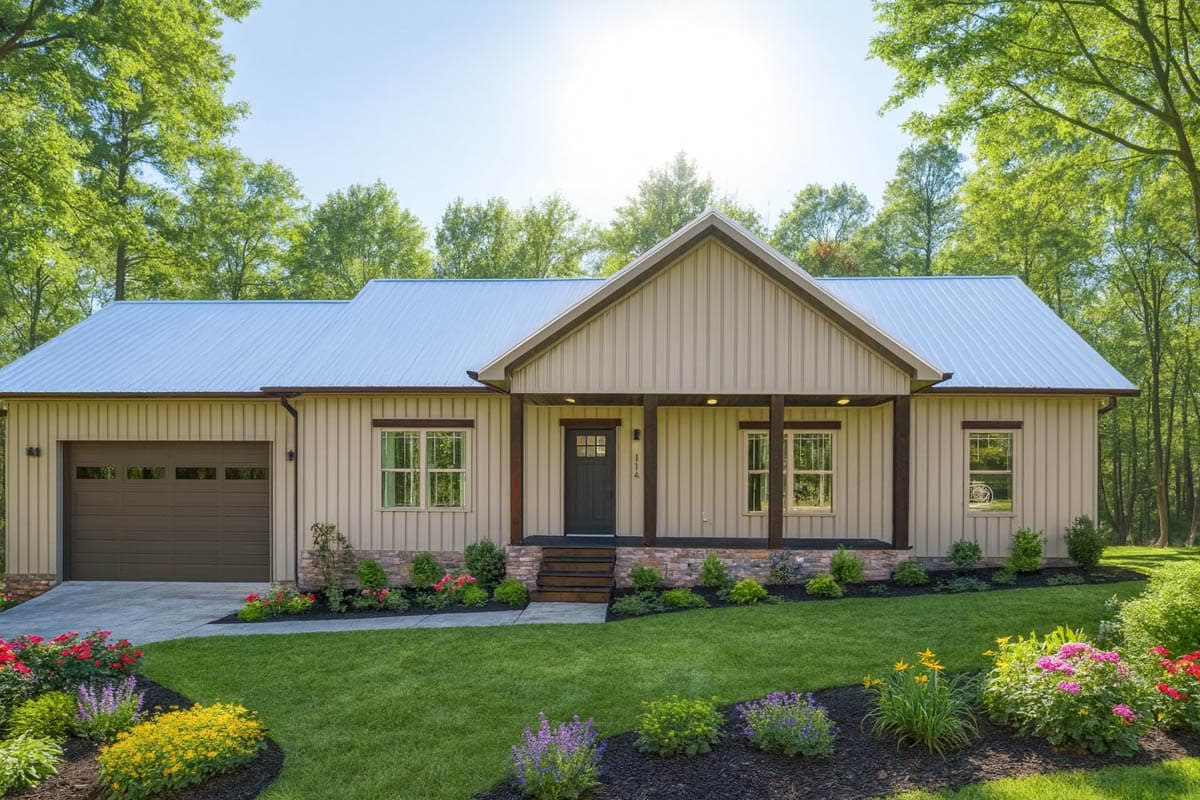 Modern Farmhouse house plan exterior with a light beige metal roof, beige vertical siding, a covered front porch, and an attached garage.