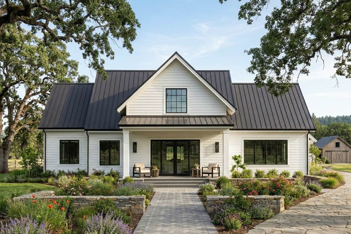 House plan exterior. Two-story Modern Farmhouse with a gabled roof, a front porch, and black metal roofing.