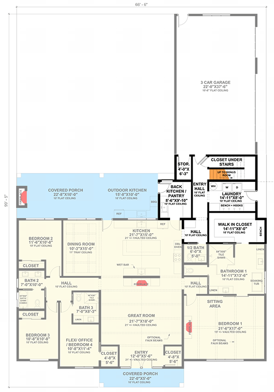 Plan 420180WNT: 4-Bed Modern Farmhouse Plan with Optionally Finished Bonus Under 3000 Sq Ft - Floor Plan - Bonus Room Stairs Location (+$ Paid Option) - Country, Modern Farmhouse, New American