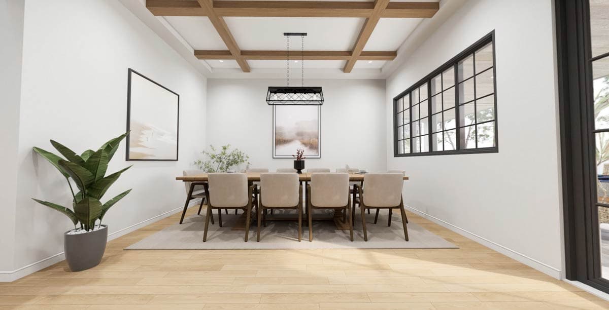 Dining room interior with coffered wood ceiling, large grid window, and modern dining set.