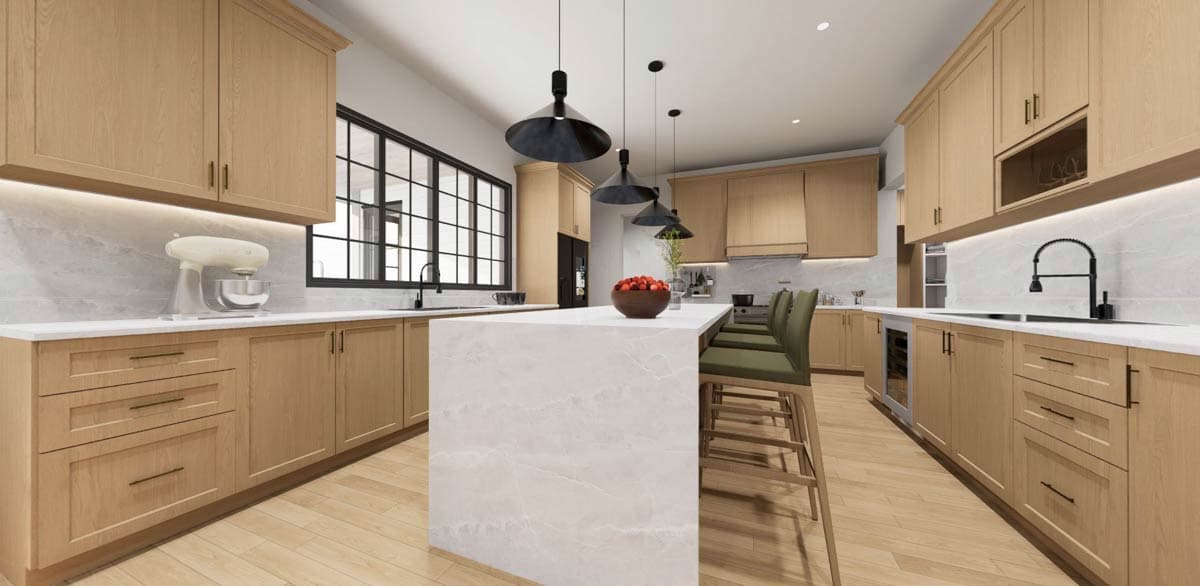 Interior rendering of a modern kitchen with light wood cabinetry, a large marble island, black pendant lights, and a grid window.
