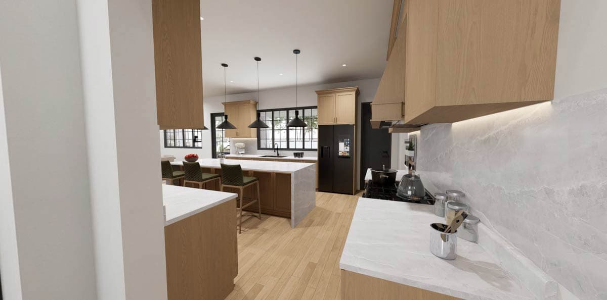 Kitchen rendering with two islands, wood cabinetry, pendant lights, and marble countertops.
