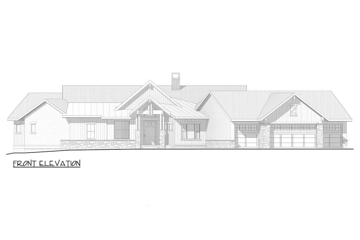 Front elevation of a one-story house plan with multiple gables, stone accents, a covered entry, and a three-car garage.