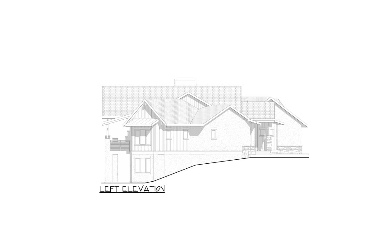 Left elevation drawing of a two-story house plan with gables, varied rooflines, and stone accents.