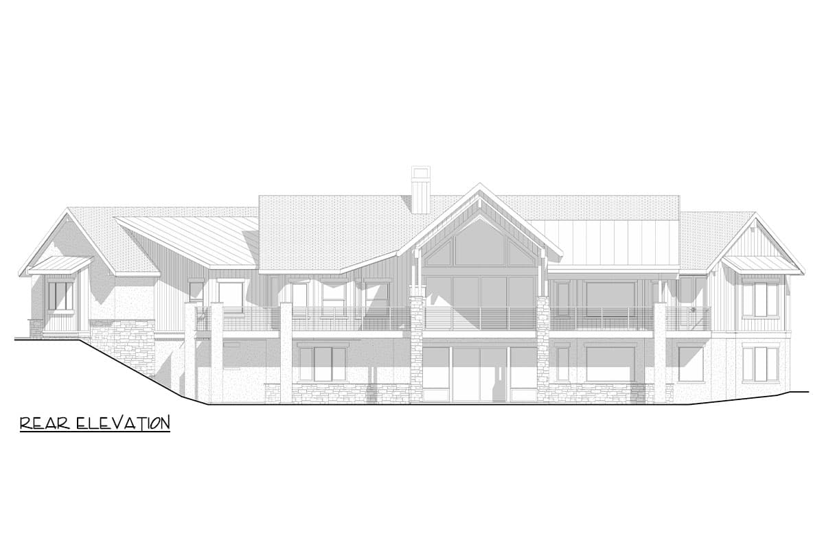 Rear elevation drawing of a multi-story house plan with gabled roofs, stone accents, large windows, and balconies.