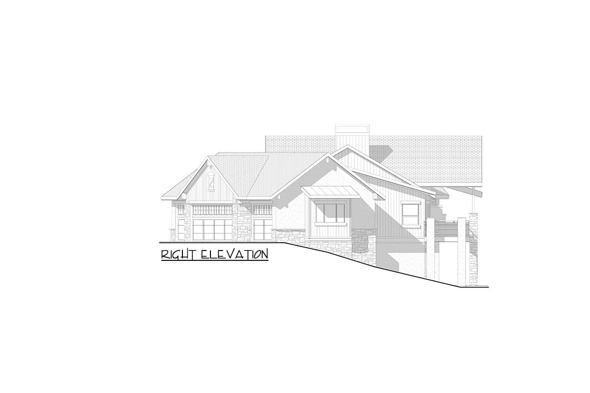 Right elevation drawing of a house plan featuring multiple gables, stone accents, and a large window.