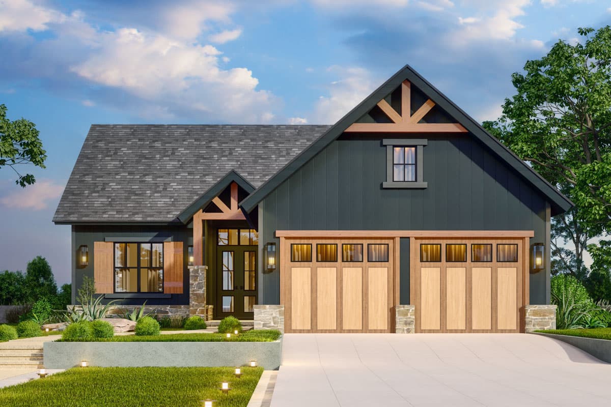 House plan exterior with Craftsman style. Features include gabled roof, timber-framed entry porch, and two-car garage with wood doors.
