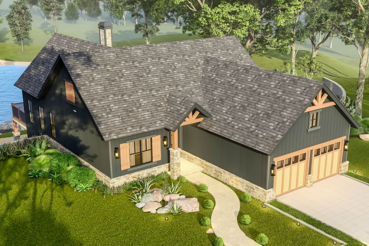 Modern Farmhouse house plan exterior with stone accents, twin garage doors, and a covered entry with exposed beams.