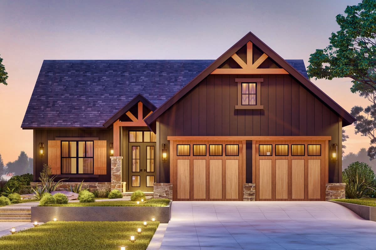 House plan exterior: Modern Farmhouse style, one story, with double garage, gabled entry, and exposed wooden beams.